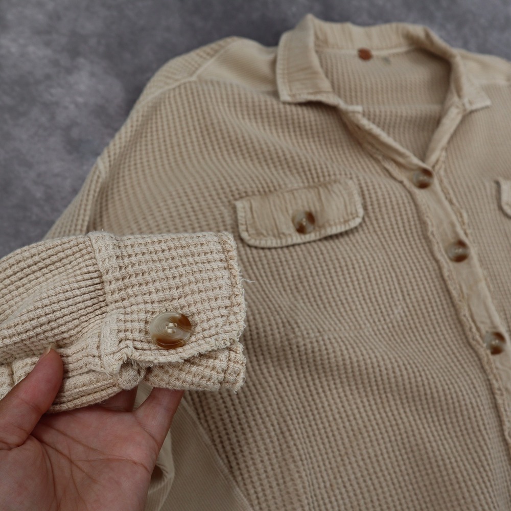 Free People Scout Jacket Thermal Shacket Waffle Knit Oversized XS Beige Cotton - Picture 3 of 10